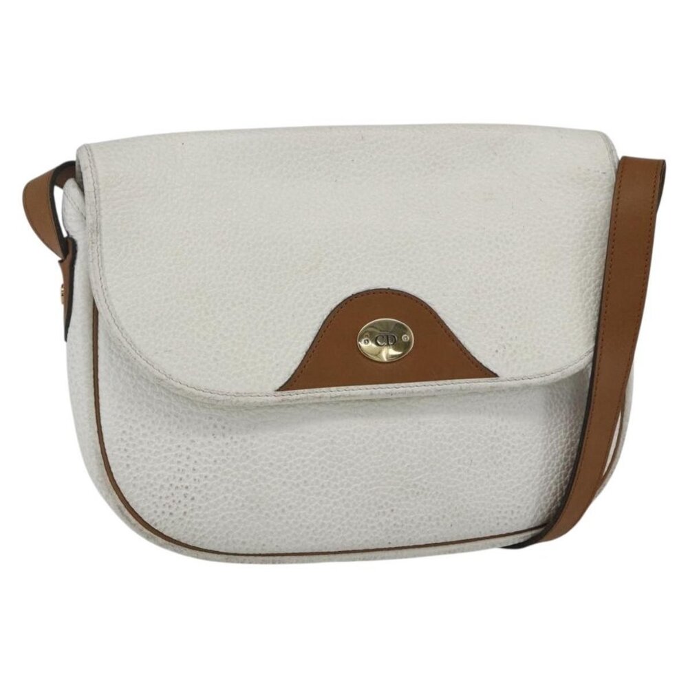Authentic Christian Dior Chain Shoulder Bag Leather White Gold